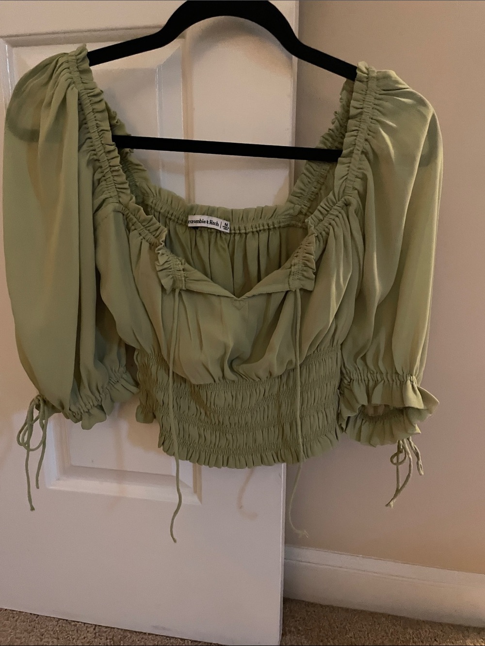 Abercrombie & Fitch Light Olive Green Smocked Peasant Crop Top